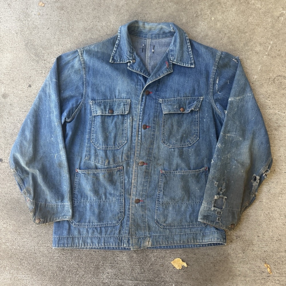 Vintage Big Mac Denim Chore Coat Distressed Large Thrashed 50s 60s Jacket